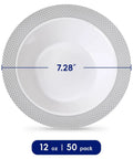 Sturdy Reusable Plastic Bowls With Gleaming Gold Grid Rim, 12 Ounce White Bowls Perfect For Gameday Grills And Big Group Feasts, Bpa Free Food Grade Durable Bulk 100 Pack, 7.28 inch diameter.
