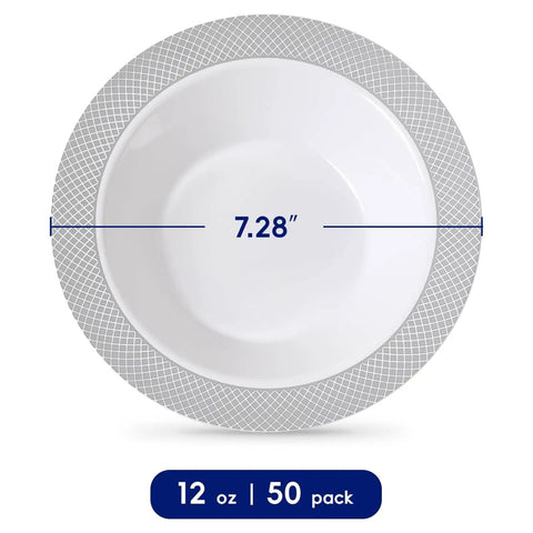 Sturdy Reusable Plastic Bowls With Gleaming Gold Grid Rim, 12 Ounce White Bowls Perfect For Gameday Grills And Big Group Feasts, Bpa Free Food Grade Durable Bulk 100 Pack, 7.28 inch diameter.