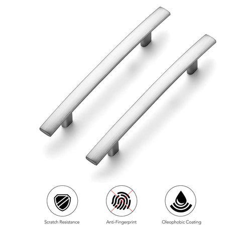 Two 30 Pack 6 Inch Curved Cabinet Pulls Brushed Nickel Zinc Alloy for Kitchen Cupboards And Drawers shown with scratch resistance icons