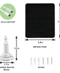 6W Solar Panel For Outdoor Security Cameras With Micro USB Port, dimensions, mounting bracket, screws, and cable