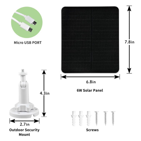 6W Solar Panel For Outdoor Security Cameras With Micro USB Port, dimensions, mounting bracket, screws, and cable