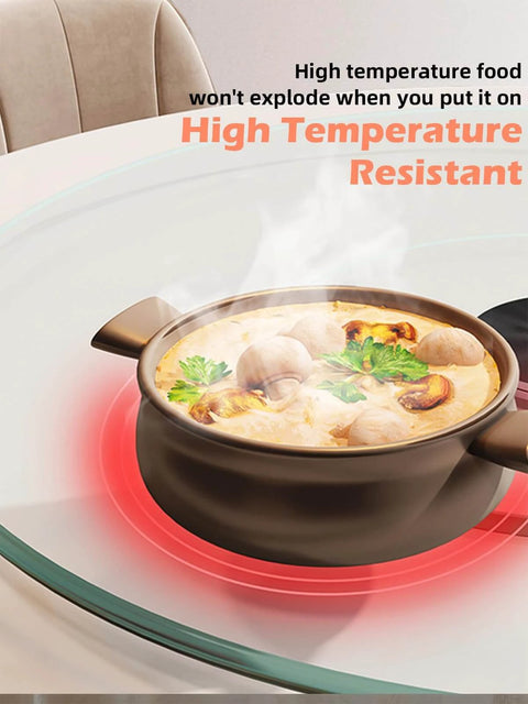 30.7 inch tabletop lazy susan made from tempered glass, rotating serving tray with hot food, highlighting heat resistance.