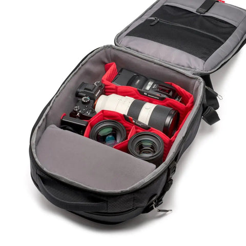 Pro Light Backloader S Professional Camera Backpack with top and rear access, open with camera gear visible inside, M-Guard protection.