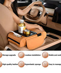 5 In 1 Armrest Cushion Organizer For Sedans With Side Storage Pockets Cup Holder Tissue Box Slot Phone Slot And Interior Car Organizer Black displayed in a car interior