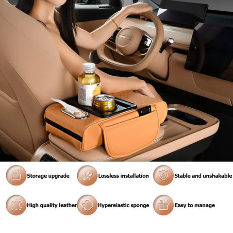 5 In 1 Armrest Cushion Organizer For Sedans With Side Storage Pockets Cup Holder Tissue Box Slot Phone Slot And Interior Car Organizer Black displayed in a car interior