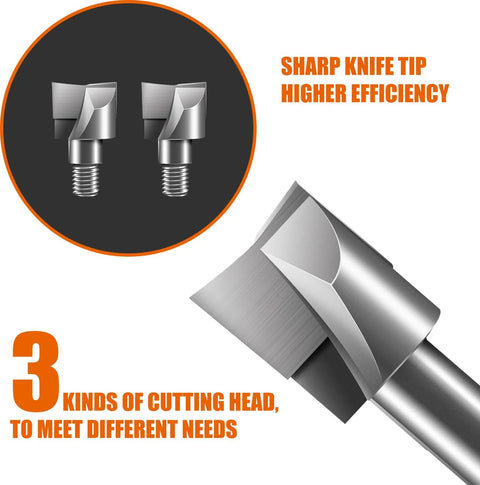 Close-up of three cutting heads for Door Lock Installation Kit With Mortising Jig And Drill Bits For Wooden Doors, sharp knife tip