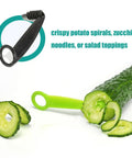 Fruit Splitter Spiral Cutter 2 in 1 Paring Knife With Spiral Cutter shown with sliced cucumber spirals