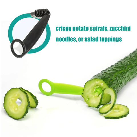 Fruit Splitter Spiral Cutter 2 in 1 Paring Knife With Spiral Cutter shown with sliced cucumber spirals