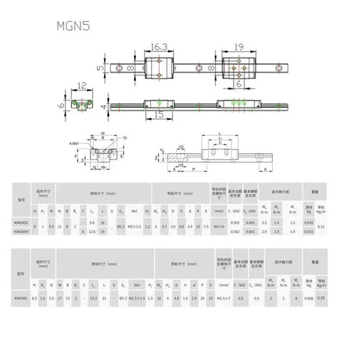 Technical drawing of MGN5C carriage for Miniature Linear Rail Slide Kit With 34mm 44mm 50mm And 100mm Options Precise Guide Carriage 1 Piece Slick And Smooth Linear Motion System For CNC 3D Printing Automation Robotics And Workshop Projects Durable Aluminum Build.