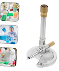 Bunsen Burner With Flame Stabilizer And Gas Adjustment, Zinc Alloy Build for Safe Heating, shown in lab and camping settings.
