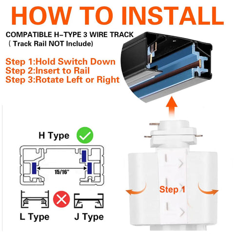 Installation guide for 15W LED H Track Light Heads with adjustable 15 to 60 degree beam, 120V Halo style track lighting.