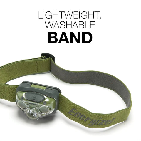 Ultra Bright LED Headlamp For Outdoors, Camping And Night Runs, IPX4 Water-Resistant, shown with lightweight, washable band.