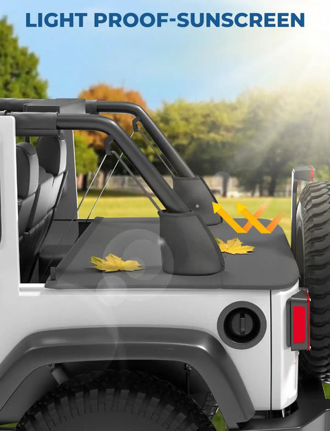 Rugged Tonneau Cover For Wrangler JK 4 Door 2007 To 2018 JKU Cargo Trunk Tailgate Cover installed on Jeep, showcasing magnetic system