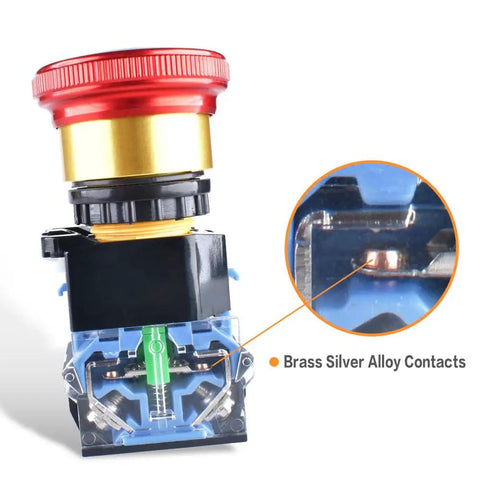Close-up of 22mm Emergency Stop Button Switch showing brass silver alloy contacts, 10A 1NO 1NC, latching push button shut off 440V.