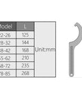 Diagram showing C Hook Spanner Wrench sizes for 22-85mm nuts with measurement chart and wrench image on right.