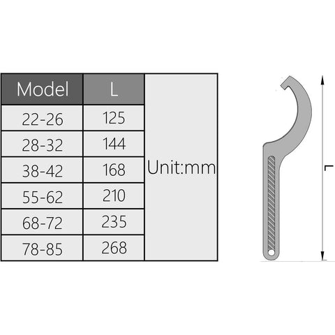 Diagram showing C Hook Spanner Wrench sizes for 22-85mm nuts with measurement chart and wrench image on right.