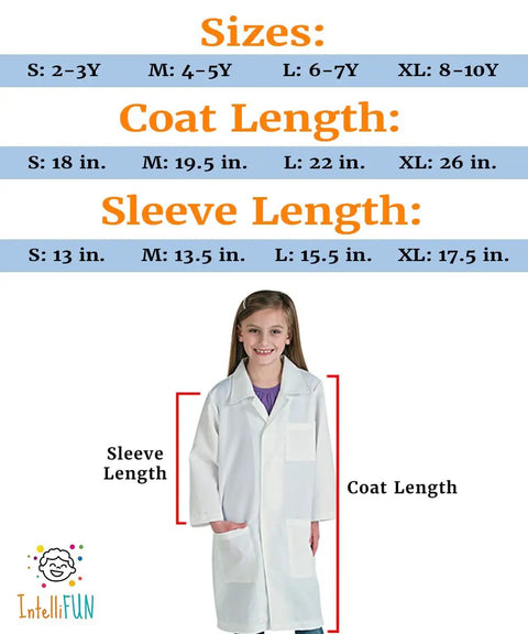 Kids Lab Coat Dress Up Set That Sparks Real Science Play For Ages 3 And Up With Realistic Doctor Look size chart and model