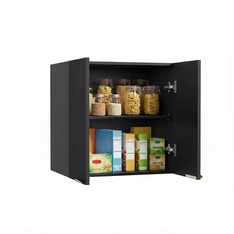 Slick Fluted Black Bathroom Wall Cabinet With Two Doors, Space Saving Wall Mount Shelf open with stored items inside