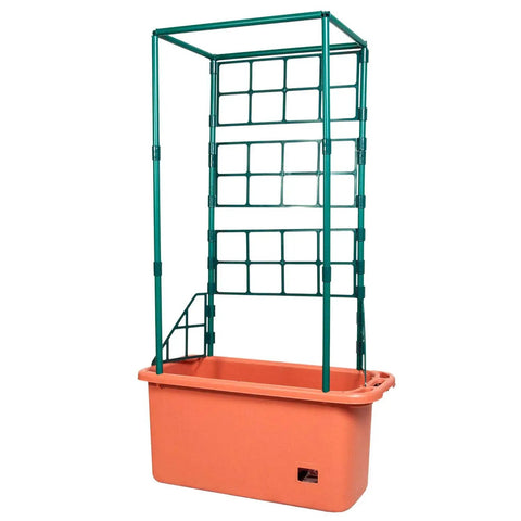 Tomato Garden Planting Grow System With A 10 Gallon Planter And A 4 Foot Trellis Tower On Wheels