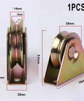 Heavy Duty V Groove Wheel For Sliding Gate Rollers With Beefy Steel Track Pulley Setup Smooth As Butter Glide No Drama Hardware Kit dimensions showing a solid steel pulley with u-shaped design.