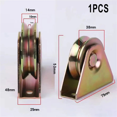 Heavy Duty V Groove Wheel For Sliding Gate Rollers With Beefy Steel Track Pulley Setup Smooth As Butter Glide No Drama Hardware Kit dimensions showing a solid steel pulley with u-shaped design.