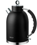 Retro Glass Electric Kettle 1.5 Liters Tea Boiler With Bpa Safe Cordless Setup Straight Up Plastic Free Build And Auto Shut Off Protection In Sleek Black, angled side view.
