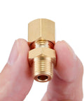 Brass compression tube fitting, straight coupling adapter, 1/4 in tube OD x 1/4 in NPT male, close-up