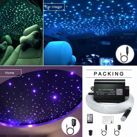 LED Bluetooth Fiber Optic Star Ceiling Kit 16W RGBW for car and home, showing starry effect and packaging with 150 strands