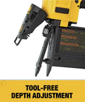 Close-up of a 23 Gauge Pin Nailer For Finishing And Trim, Drives 2 Inch Pins Recessed Into Oak, Tool Free Jam Release.