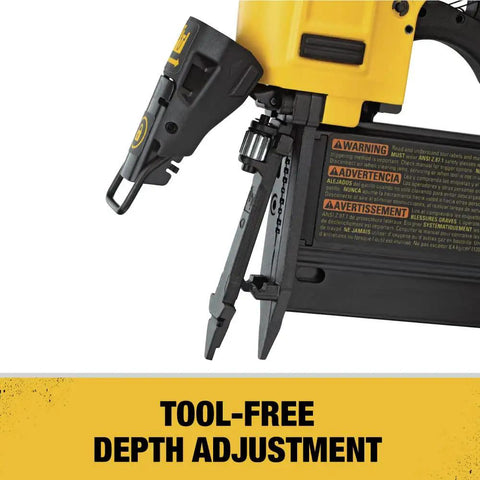 Close-up of a 23 Gauge Pin Nailer For Finishing And Trim, Drives 2 Inch Pins Recessed Into Oak, Tool Free Jam Release.