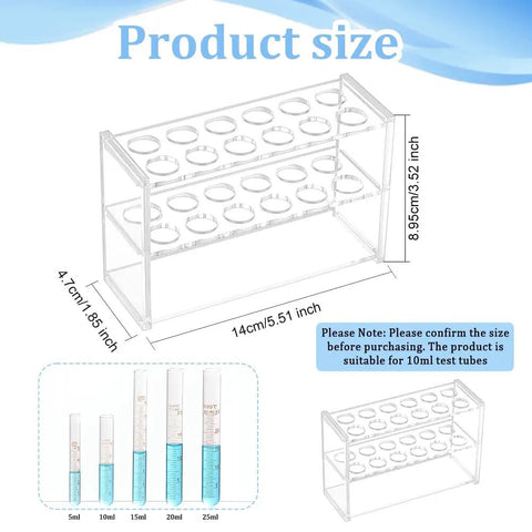 Diagram of Clear Acrylic Test Tube Rack 12 Socket Display Stand for 10ml Tubes showcasing dimensions and tube sizes.