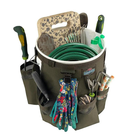 Workhorse Garden Bucket Tool Organizer for Five Gallon Buckets with Heavy Duty 600D Ripstop Fabric Long Pockets and Glove Clip