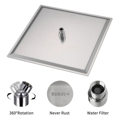 16 Inch Square Rain Shower Head High Pressure Waterfall Design In 304 Stainless Steel Brushed Nickel Ultra Thin Panel with features