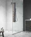 HomeStock Matte Black Shower System with Rainfall Head, Body Jets, Handheld Wand, and Bamboo Accent Panel in modern bathroom.