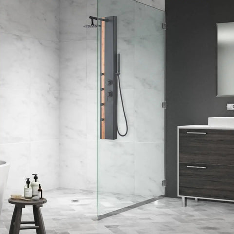 HomeStock Matte Black Shower System with Rainfall Head, Body Jets, Handheld Wand, and Bamboo Accent Panel in modern bathroom.