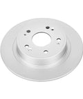 Front view of Power Stop Evolution Geomet-coated rear brake rotor; silver vented disc with central hub and lug holes.