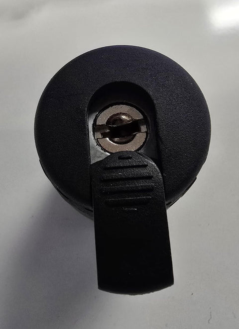 Close-up of the tubular key lock of Five Eighth Inch Threaded Hitch Pin For Two Inch Receiver Racks With High Security.
