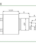 Diagram of a Compact Contactless Hall Effect 360 Degree Angle Sensor Encoder With 3mm Shaft And 15mm Outer Diameter, top and side view.