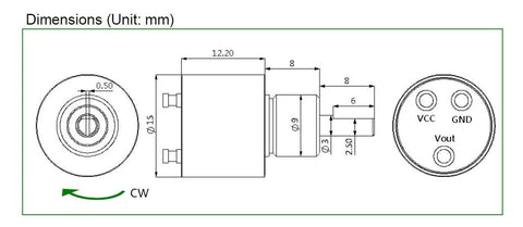Diagram of a Compact Contactless Hall Effect 360 Degree Angle Sensor Encoder With 3mm Shaft And 15mm Outer Diameter, top and side view.