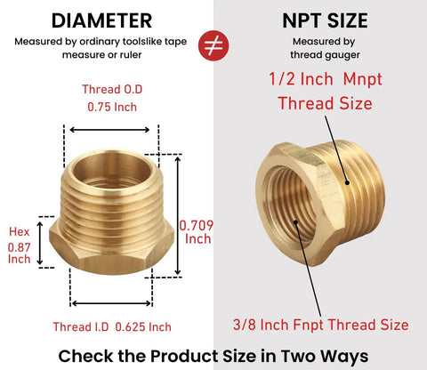 One Half Inch NPT Male To Three Eighth Inch NPT Female Beefy Brass Hex Bushing Reducer dimensions guide image