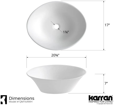Above Counter Oval Vessel Sink In Matte White 21 Inch Made From 100 Percent Pure Acrylic Resin Non Porous Hygienic Scratch Resistant