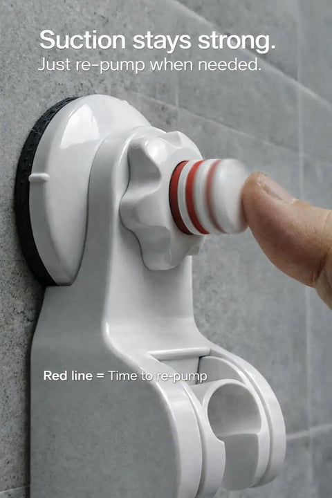 Close-up of 45 Degree Adjustable Handheld Shower Head Holder with Strong Suction Cup Wall Mount Bracket in bathroom