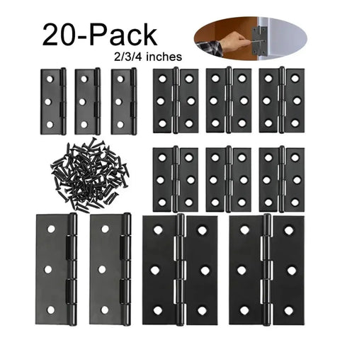 Rotating Concealed Door Hinges Set 20 Pieces Black Stainless Steel Folding Butt Cabinet Hardware With Screws shown in 2/3/4 inches