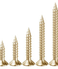 Five sizes of yellow zinc self tapping wood screws with flat heads for use in various building tasks.