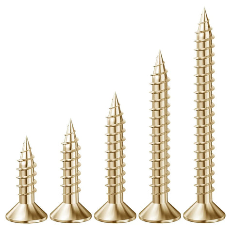Five sizes of yellow zinc self tapping wood screws with flat heads for use in various building tasks.
