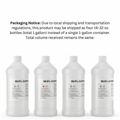 Highly Pure 99 Percent Isopropyl Alcohol IPA USP Grade One Gallon Bottle For Cleaning Degreasing Disinfecting And Lab Or Industrial Use Ready To Use Made In The USA shown in four 32 oz bottles