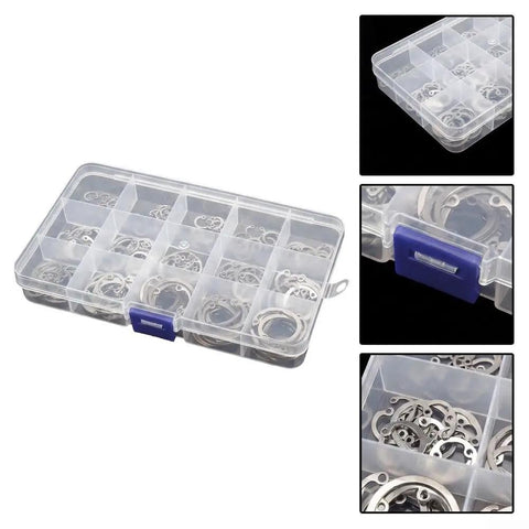 Heavy Duty E-Type Snap Ring Set Made From Super Strong 65Mn Manganese Alloy Steel organized in clear storage case.
