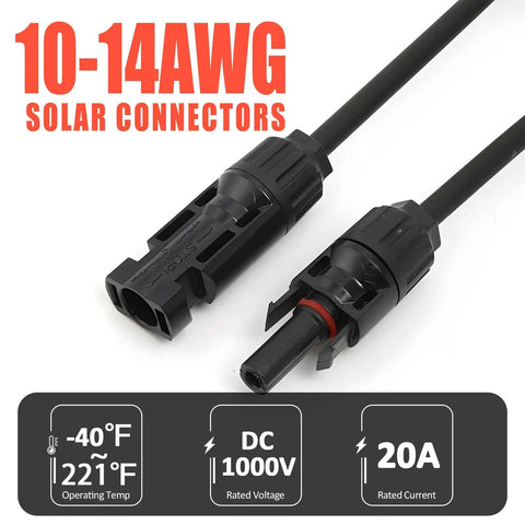 10 Ft 10 AWG Solar Extension Cable With Female And Male Connectors Plus Free Solar Y Adapter Kit For Home Boat And RV Panels Beefy Heavy Duty High Conductivity Tinned Copper Weatherproof connectors close-up