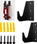 2 Pack Wall Mount Jack Stands Organizer For Floor Jacks Universal Car Jack Holder Space Saving Garage Rack Brackets And Hangers That Fit Any Standard Aluminum Or Steel Floor Jack displayed with mounting accessories