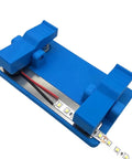 Soldering Clamp For Circuit Boards And LED Light Panels, Precision Wire Fixture For PCB Assembly, in blue, holding wires and LED strip.